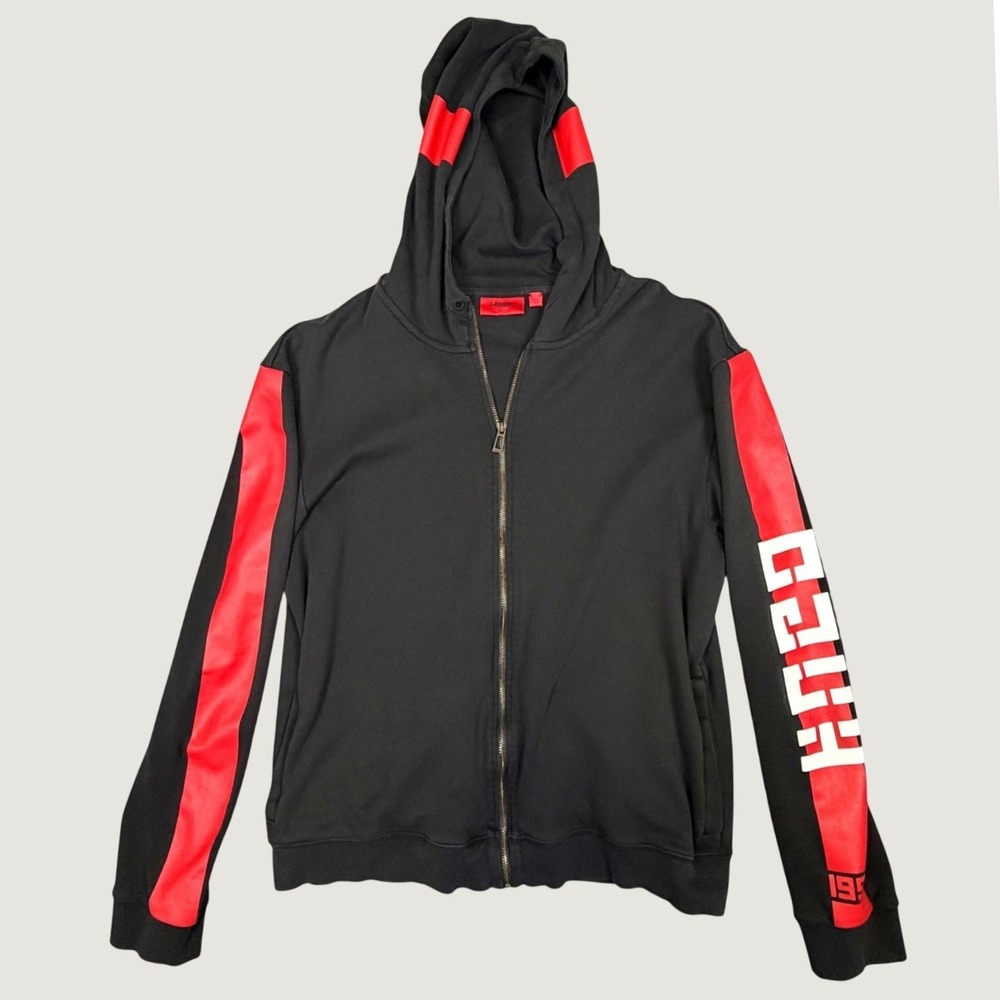 Hugo Boss Mens XL Black Full Zip Hoodie Red Stripe Sleeve Logo Sweatshirt